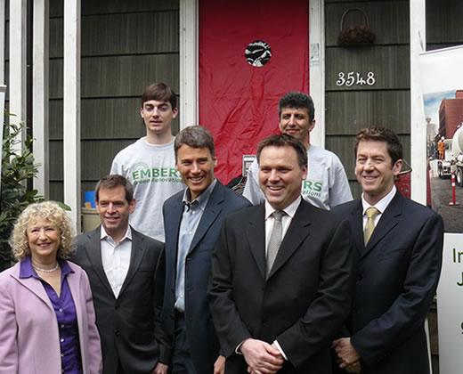 Weatherizing homes and creating green jobs: March 24, 2011, Mayor Gregor Robertson (center) with partners celebrating a program to weatherize neighbourhood homes which provides work to people who face barriers to employment. Photo Credit: City of Vancouver