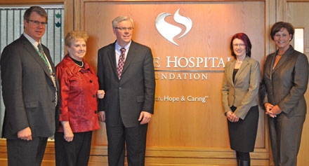 Premier Greg Selinger (center left) is joined by Adam Topp (left), COO for Grace Hospital; the Honourable Pearl McGonigal (left), Chair of the Grace Hospital Foundation; Sharon Blady (center right), MLA for Kirkfield Park; and Theresa Oswald (right), Minister of Health at the announcement of an expansion and renovation of the Grace Hospital emergency department