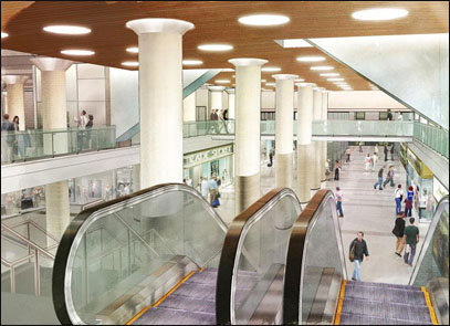 Escalators leading down to the proposed retail level from the Bay Street GO Concourse at Union Station. 