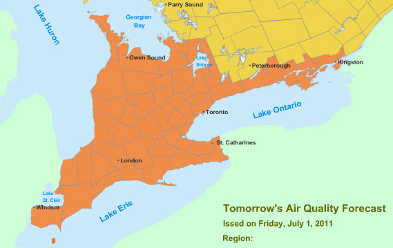 19 Forecast Regions of Ontario are Under a Smog Advisory for July 2, 2011