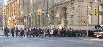 Morning rush-hour at Front Street and Bay Street