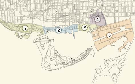 Map 2 - Central Waterfront Precincts: (1) Exhibition Place/Ontario Place, Fort York/Bathurst-Strachan (2) Central Bayfront/Harbourfront (3) East Bayfront (4) West Don Lands (5) Port Lands