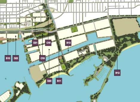Public Realm Map of Port Lands and Don Lands: from left to right; B10, D22, D21, C19, C18, D20, B11, B13, and B12