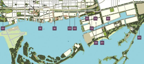 Public Realm Map of Port Lands and Don Lands: from left to right; B14, B9, B8, B10, D22, D21, C19, C18, D20, B11, B13, and B12