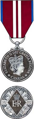 The front of the Diamond Jubilee Medal above portrays a contemporary effigy of The Queen wearing the Royal Crown. The reverse of the medal includes stylized maple leaves and the years 1952 and 2012, denoting 60 years of Her Majesty's reign as Queen of Canada.