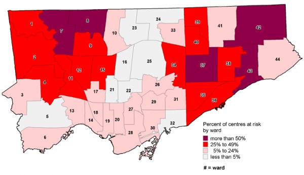 Percentage of child care centres at risk - 2014: the Toronto ward analysis includes the percentage of child care providers at risk of closure