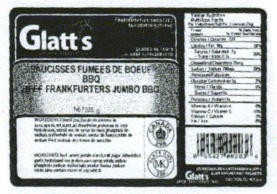 Glatt's brand Beef Frankfurters Jumbo BBQ / saucisses fumées de boeuf BBQ de marque Glatt's