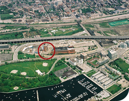Above, red circle shows June Callwood Park's location before construction.