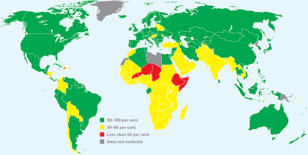 Above, Unicef's map of primary school net enrolment/attendance ratio (2000–2006)