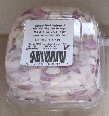Gills Onions brand Fresh Diced Red Onions (Back Label) / oignons rouges frais en dés de marque Gills Onions (étiquette de dos)