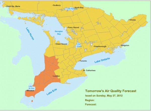 Ontario's Smog Advisory Map: Elgin/Huron/London/Sarnia/Windsor & Vicinities May 28, 2012