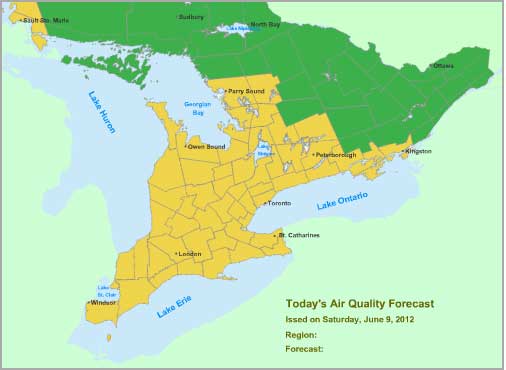 Smog Alert: Southern Ontario and Parts of Central Ontario June 9-10, 2012