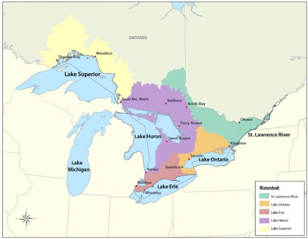 Above, Map of Eligible Watersheds. You’ll need this information to complete the grant application. The map shows the boundaries for the five eligible watersheds: Lake Erie, Lake Huron, Lake Ontario, Lake Superior, and the St. Lawrence River (including the Ottawa River).