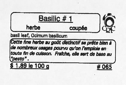 Basilic # 1 herbe coupée sold from bulk bin / Basilic #1 herbe coupée vendu en vrac