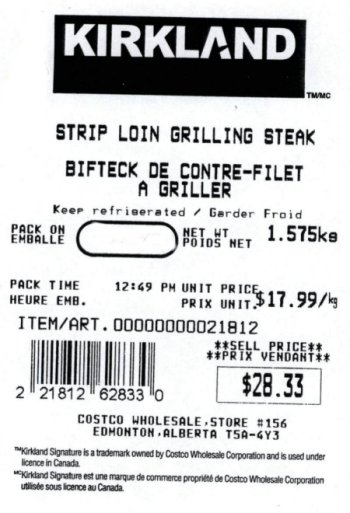 Strip Loin Grilling Steak /  Bifteck de contre-filet à griller