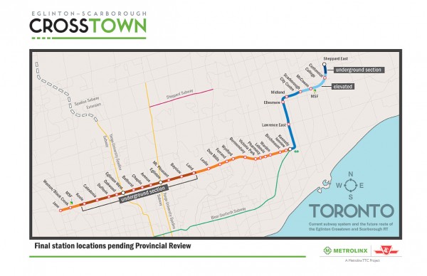 Above, map of current subway system and the future route of the Eglinton Crosstown and Scarborough RT (Rapid Transit)