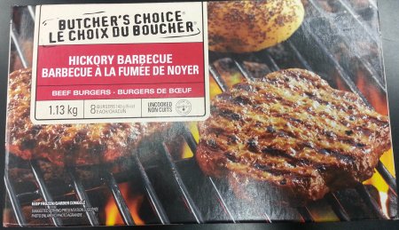 Butcher's Choice Hickory Barbecue Beef Burgers /  Burgers de boeuf à saveur de barbecue à la fumée de noyer de marque Butcher's Choice/Le Choix du boucher