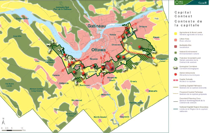 Above, National Capital Commission's map showing the the National Capital Region Boundary as a thick, dark green line. NCC wants to add some areas to the Greenbelt, which are represented as the the Potential Greenbelt Land areas shaded green with diagonal stripes.