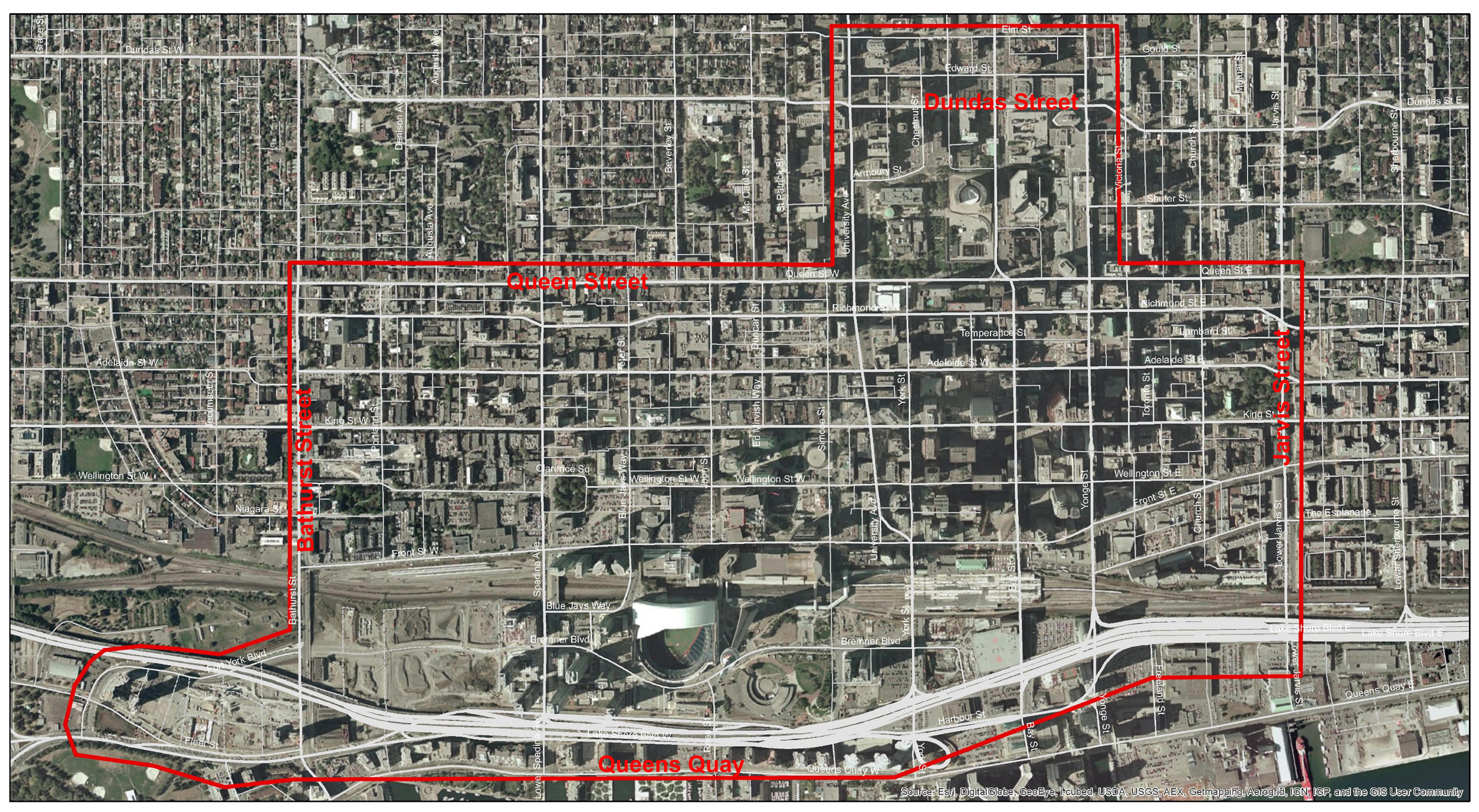 City of Toronto's map: Downtown Transportation Operations Study area's boundaries are highlighted in red.