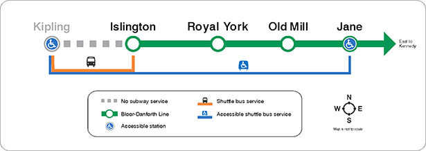 TTC Map: Weekend closure between Kipling Station and Islington Station. Effective September 28 and 29.