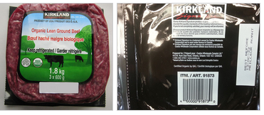 Kirkland Signature Organic Lean Ground Beef - 1.8 kg  (left); Kirkland Signature Organic Lean Ground Beef - back of package (right)  / Kirkland Signature boeuf haché maigre biologique - 1,8 kg (à gauche); Kirkland Signature boeuf haché maigre biologique - l'arrière de l'emballage (à droite).