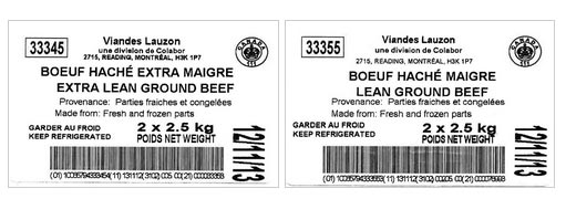 Extra Lean Ground Beef - 2 x 2.5 kg (left) / Boeuf haché extra maigre - 2 x 2,5 kg (à gauche); Lean Ground Beef - 2 x 2.5 kg (right) / Boeuf haché maigre - 2 x 2,5 kg (à droite)