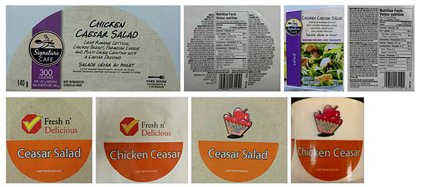 Left to right: Signature Cafe: Chicken Caesar Salad – 140 g (first label); Signature Cafe: Chicken Caesar Salad – 140 g (second label); Signature Cafe: Chicken Caesar Salad – 300 g  (first label); Signature Cafe: Chicken Caesar Salad – 300 g (second label); Fresh 'n Delicious: Ceasar Salad – 100 g and 205 g; Fresh 'n Delicious: Chicken Ceasar Salad – 280 g; Nester's Own: Ceasar Salad – 100 g and 205 g; Nester's Own: Chicken Ceasar Salad – 280 g /  de gauche à droit: Signature Cafe : Salade césar au poulet – 140 g (première étiquette); Signature Cafe : Salade césar au poulet – 140 g (deuxième étiquette); Signature Cafe : Salade césar au poulet – 300 g (première étiquette); Signature Cafe : Salade césar au poulet – 300 g (deuxième étiquette); Fresh 'n Delicious : Salade césar – 100 g et 205 g; Fresh 'n Delicious : Salade césar au poulet – 280 g; Nester's Own : Salade césar – 100 g et 205 g; Nester's Own : Salade césar au poulet – 280 g.