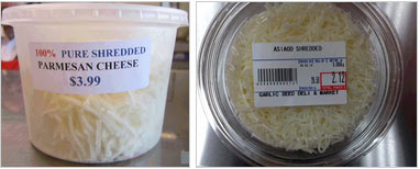 Left to right / de gauche à droit: 100% Pure Shredded Parmesan Cheese; Asiago Shredded