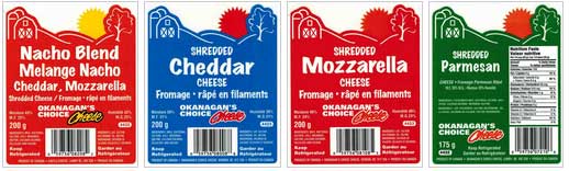 Left to Right: Okanagan's Choice Cheese Nacho Blend - Cheddar, Mozzarella Shredded Cheese - 200 g; Okanagan's Choice Cheese Shredded Cheddar Cheese - 200 g; Okanagan's Choice Cheese Shredded Mozzarella Cheese - 200 g; Okanagan's Choice Cheese Shredded Parmesan Cheese - 175 g / de gauche à droit: Okanagan's Choice Cheese Melange Nacho ‒ Cheddar, Mozzarella Fromage râpé en filaments - 200 g; Okanagan's Choice Cheese Cheddar Fromage râpé en filaments - 200 g; Okanagan's Choice Cheese Mozzarella Fromage râpé en filaments - 200 g; Okanagan's Choice Cheese Fromage Parmesan Râpé - 175 g