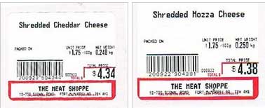 Left to right / de gauche à droit: The Meat Shoppe: Shredded Cheddar Cheese; The Meat Shoppe: Shredded Mozza Cheese 