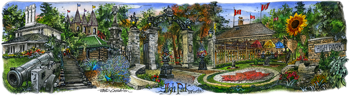 "Popular, local-based artist David Crighton has created this stunning High Park image to commemorate the 100th anniversary of the Howard Memorial Gates. " 