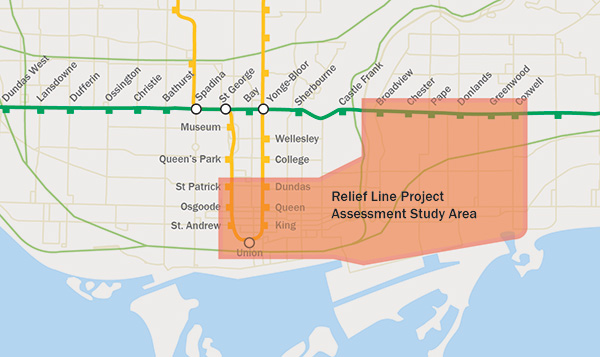 Map of the Relief Line Project Assessment Study Area.