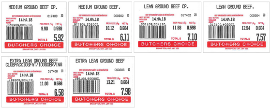 Left to right: Medium Ground Beef CP. - Variable Size; Medium Ground Beef - Variable Size; Lean Ground Beef CP. - Variable Size; Lean Ground Beef - Variable Size; Extra Lean Ground Beef Club Pack 10GFAT/100GSERVING - Variable Size; Extra Lean Ground Beef - Variable Size / de gauche à droite: « Medium Ground Beef CP. » - Format variable; « Medium Ground Beef » - Format variable; « Lean Ground Beef CP. » - Format variable; « Lean Ground Beef » - Format variable; « Extra Lean Ground Beef Club Pack 10GFAT/100GSERVING » - Format variable; « Extra Lean Ground Beef » - Format variable
