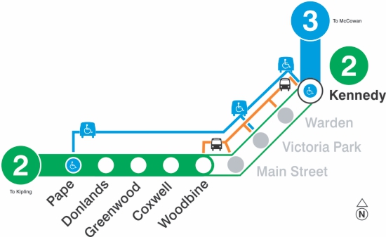 TTC map of Bloor-Danforth - Subway Closure between Woodbine and Kennedy