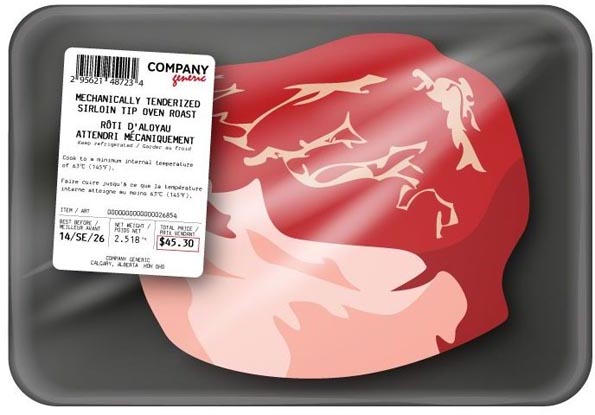 Figure 2. Prepackaged MTB roast with all MTB labelling requirements included on the same label as other mandatory information.  This figure outlines an example of how to comply with the mandatory labelling requirements for selling mechanically tenderized beef in Canada. The image is of a prepackaged mechanically tenderized beef oven roast, as found in a grocery store. There is one large white label containing the mandatory labelling information for meat, as well as the new mandatory labelling requirements that identifies the steak as being mechanically tenderized and provides recommended cooking instructions. All label information is displayed in English and French. Image by Health Canada.