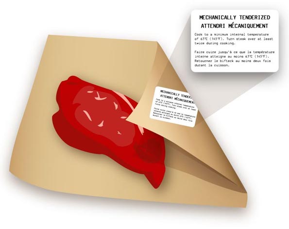 Figure 3b. Non-prepackaged MTB product that has been subsequently packaged labelled with the MTB labelling requirements.  This figure outlines an example of how to comply with the mandatory labelling requirements for selling mechanically tenderized beef in Canada. The image is of a non-prepackaged mechanically tenderized beef steak that has been wrapped in paper as purchased and received from a butcher counter.  There is a sticker label on the outside of the package of meat that identifies the steak as being mechanically tenderized and provides recommended cooking instructions, including specific cooking instructions for steak. All label information is displayed in English and French. Image by Health Canada.
