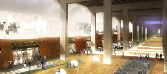 Above, Fort York Visitor Centre is located below and just north of the Gardiner Expressway, at the entrance to the National Historic Site. Rendering by Kearns Mancini Architects and Patkau Architects.