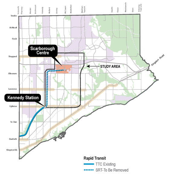 A map of the Scarborough Subway Project Assessment Study area. All station location and alignment options being considered are located within the study area. Image by Toronto & TTC