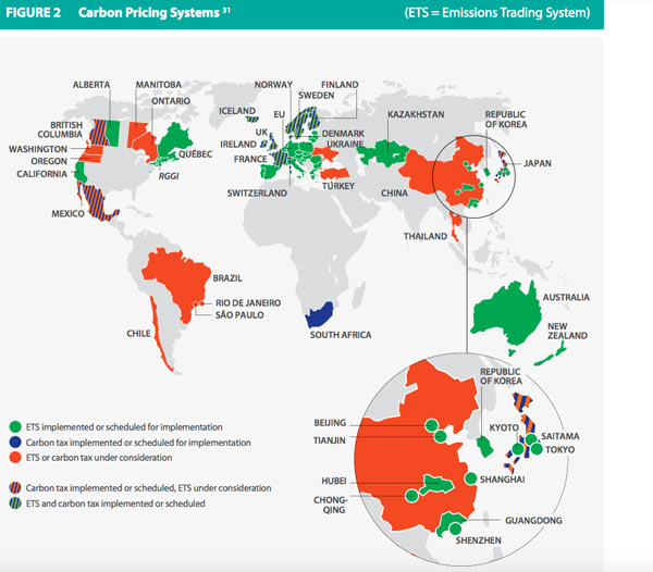 Globally, 39 national and 23 sub-national jurisdictions have implemented or are scheduled to implement carbon pricing instruments, including emissions trading systems and taxes. http://www.worldbank.org/en/news/feature/2014/05/28/state-trends-report-tracks-global-growth-carbon-pricing